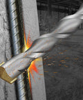 SDS Plus carbide-tipped drill bit drilling into concrete with sparks