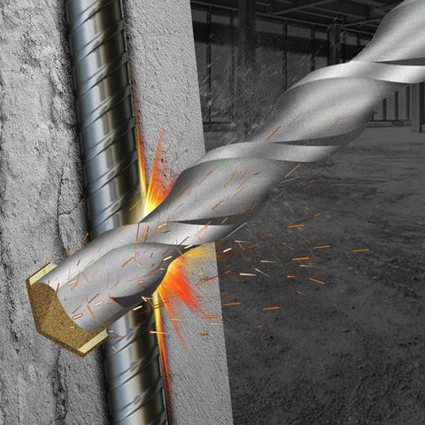 SDS Plus carbide-tipped drill bit drilling into concrete with sparks