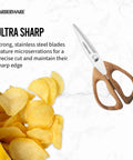 All Purpose Kitchen Shears With Faux Wood Grain Handles And Ultra Sharp Stainless Steel Blades For Meat And Herbs And More next to chips