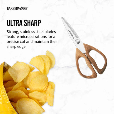 All Purpose Kitchen Shears With Faux Wood Grain Handles And Ultra Sharp Stainless Steel Blades For Meat And Herbs And More next to chips