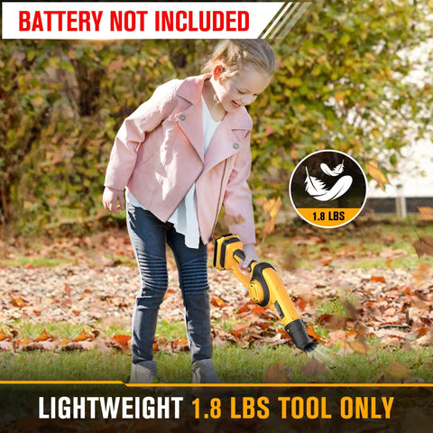 Child using Cordless Leaf Blower For DeWalt 20V Max Batteries Tool Only Up To 200 MPH Lightweight Mini Electric Blower With 3 Speed Settings For Patio Cleanup Battery Not Included outdoors.