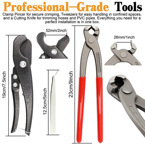 Professional-grade tools including pliers and PEX cutter from 560 Piece Single Ear Hose Clamps Kit Pro Grade Stepless 22 Size From 5.3 mm To 36.1 mm 304 Stainless Steel Clamps With Pliers And PEX Pipe Cutter Tool In A Portable Toolbox For Automotive And Fuel Line Repair.