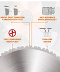 Features of 14 Inch Multi Material Replacement Blade For Rage2 And Evosaw380 Chop Saws; tungsten teeth, gullet, hardened body
