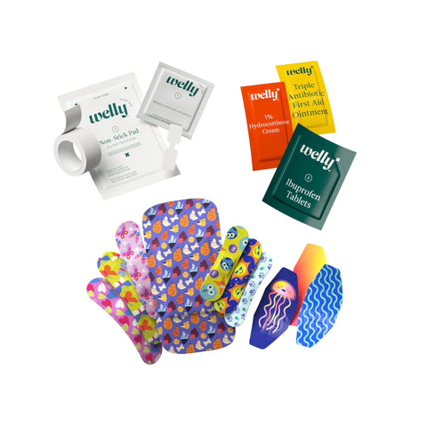 Welly first aid kit: bandages, non-stick pads, butterfly strips, antibiotic ointment, hydrocortisone cream, ibuprofen