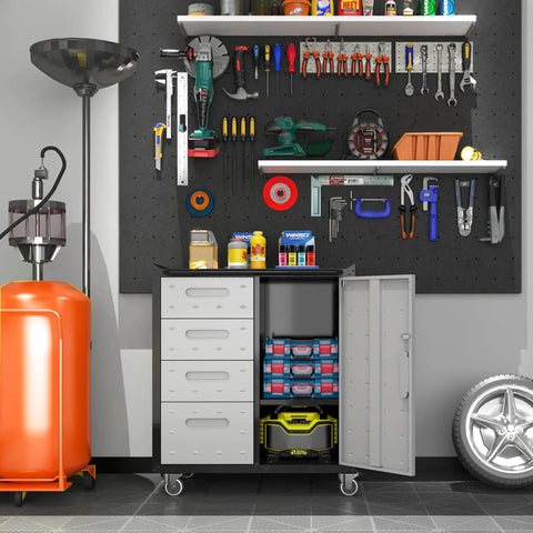 Beefy Metal Garage Storage Cabinet On Wheels With Lockable Drawer And Shelves below a tool wall, garage setting
