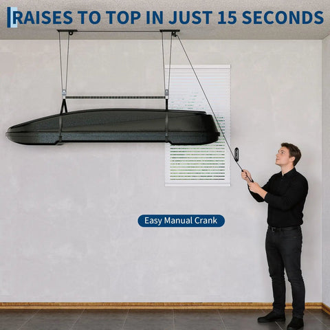 Heavy Duty Garage Ceiling Pulley System For Cargo Boxes And Large Storage Bins Overhead Hoist With 200 lb Capacity in action