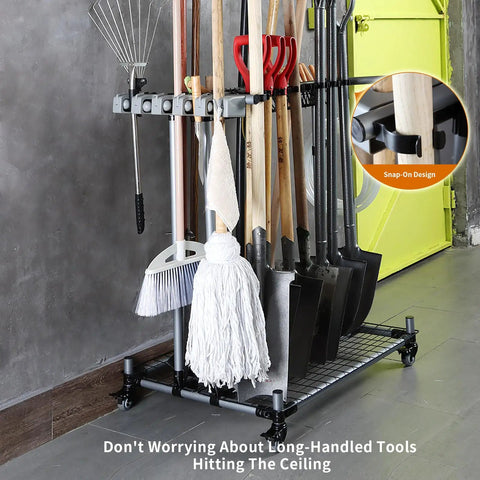 Heavy Duty Garden Tool Organizer And Garage Storage Rack for Long Handled Tools Shovels Rakes and Small Accessories