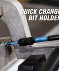 Close-up of Spyder 12-inch dual hex8/hex10 locking hole saw extension chuck with quick-change bit holder, blue and black.