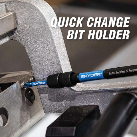 Close-up of Spyder 12-inch dual hex8/hex10 locking hole saw extension chuck with quick-change bit holder, blue and black.