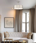 Sienna 15 Inch Sleek Modern Lattice Drum Semi Flush Mount Ceiling Light 3-Light Silver Finish With White Linen Shade in living room