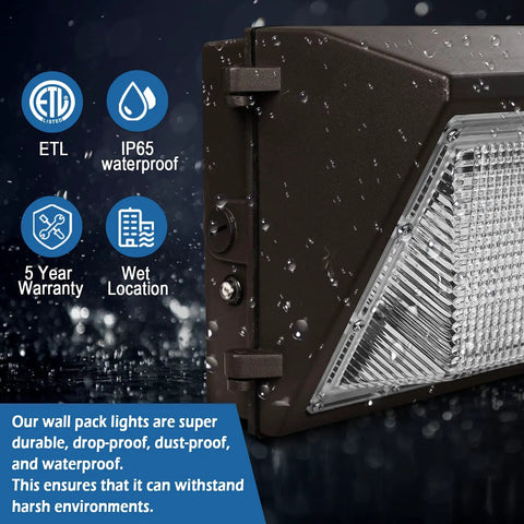 Beefy 80W LED Wall Pack Light with 10,400 Lumens showing rainproof features and ETL certification symbols, IP65 waterproof rating.