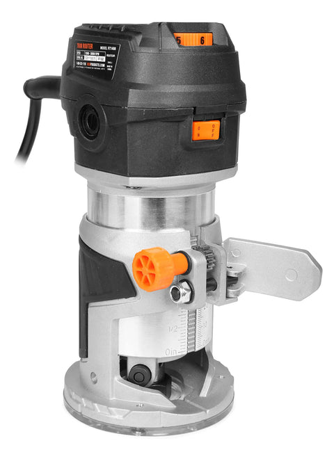 Powerful Six Amp Laminate Trim Router With Variable Speed From Twelve Thousand To Thirty Thousand RPM, front view