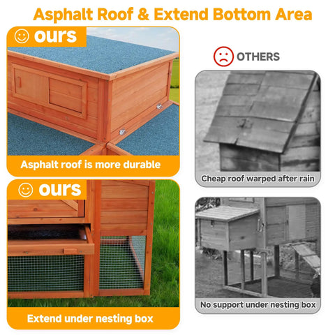 Comparison of Xlarge Chicken Coop With Nesting Box And Run For Backyard Use, showing durable asphalt roof and extended bottom features.