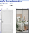 Magnetic Screen Door With Fiberglass Mesh And Strong Magnets, Heavy Duty, fits 32x81 inch doorway, shown with size guide.