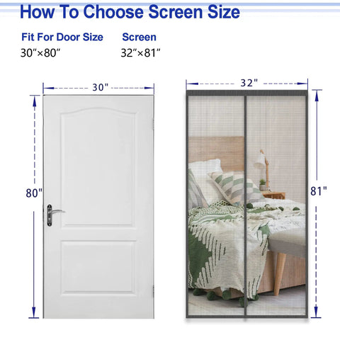 Magnetic Screen Door With Fiberglass Mesh And Strong Magnets, Heavy Duty, fits 32x81 inch doorway, shown with size guide.