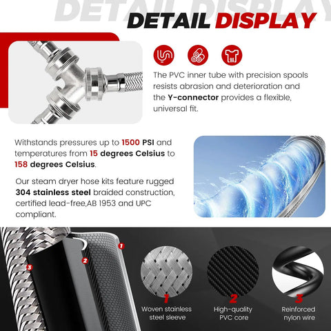 Detail display of 4 Foot Burst-Proof Steam Dryer Hose Kit With Braided Stainless Steel Line 90 Degree Elbow 1 Foot Inlet Adapter Hose And Y Connector For All Steam Dryers, highlighting materials and specifications.
