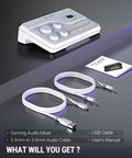 Gaming Audio Mixer With 7 Point 1 Surround Sound, Volume Knob And Mute, USB and audio cables, and user manual displayed on table.