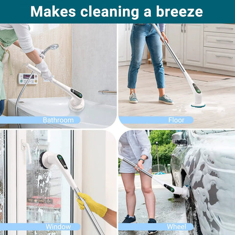 Cordless Spin Scrubber With LED Display Clean Like A Boss In No Time 350 RPM Power 9 Replaceable Heads Adjustable Extension Handle Waterproof IPX7 Perfect For Bathroom Floor Tub Shower Tile Grout cleaning various surfaces like bathtub, floor, window, and car wheel.