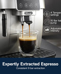 Magnifica Start Automatic Espresso Machine With Built-In Grinder And Manual Milk Frother making espresso, front view.