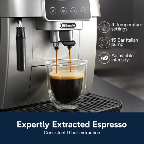 Magnifica Start Automatic Espresso Machine With Built-In Grinder And Manual Milk Frother making espresso, front view.