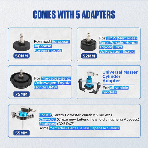 5 adapters included in 3L Brake Bleed Kit With Manual Brake Bleeder Vacuum Pump for various vehicle models.