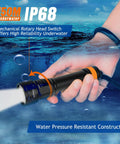 Hand holding D511 2200 Lumen LED Dive Light With Aluminum Alloy Body, 150m Depth Rating, under blue water, spotlight on
