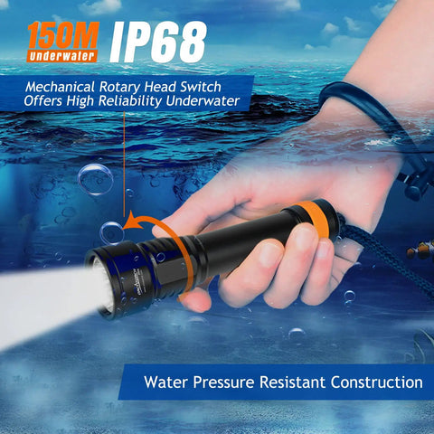 Hand holding D511 2200 Lumen LED Dive Light With Aluminum Alloy Body, 150m Depth Rating, under blue water, spotlight on