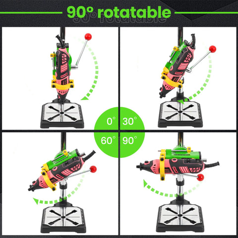 Upgrade Floor Drill Press Rotary Tool Stand With 90 Degree Rotating Table showing multiple drill angles