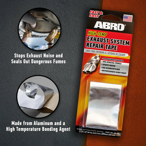 Exhaust Leak Tape Muffler Repair Kit With High Temp Aluminum Bonding Agent Fast Permanent Seal To Stop Noise And Fumes DIY Friendly No Tools Required For Cars Trucks And More packaging with installation examples.