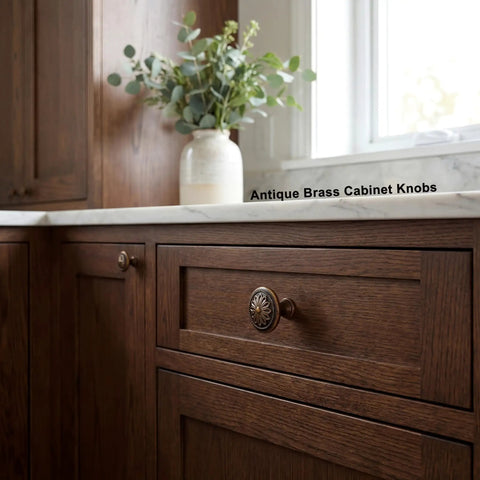 Antique Brass Cabinet Knobs 10 Pack Tough As Nails Heavy Duty Zinc Alloy Round 1.4 Inch Dia on wooden kitchen cabinet