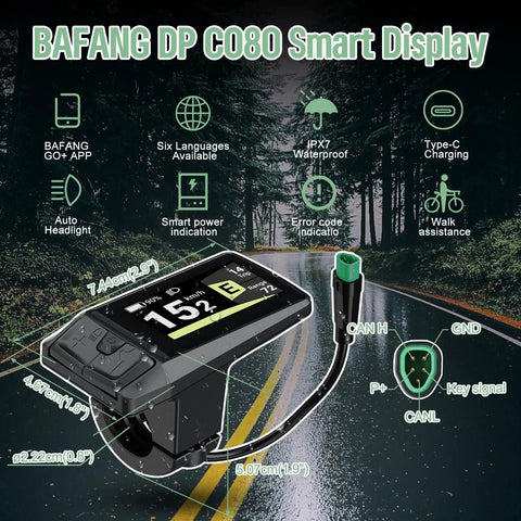 Can Protocol E Bike Display DPC080 1.9 Inch TFT Screen for Mid Drive Motors with CAN Bus 5 Pin Triangle Connector shown with features