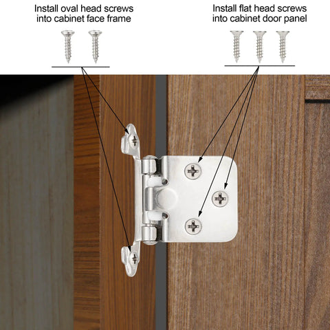 Self Closing Brushed Nickel Kitchen Cabinet Hinges For Face Frame Doors showing installation screws into wood with diagrams.