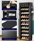 Heavy Duty 10 Tier Shoe Rack With Cover shows hook and loop fasteners, adjustable shelves, and side pockets for easy storage.
