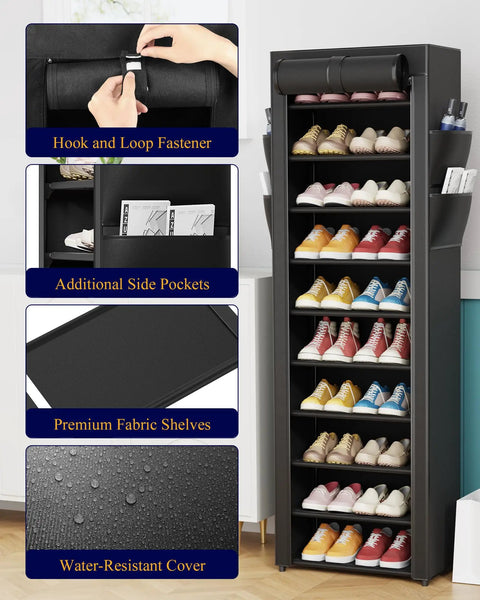 Heavy Duty 10 Tier Shoe Rack With Cover shows hook and loop fasteners, adjustable shelves, and side pockets for easy storage.