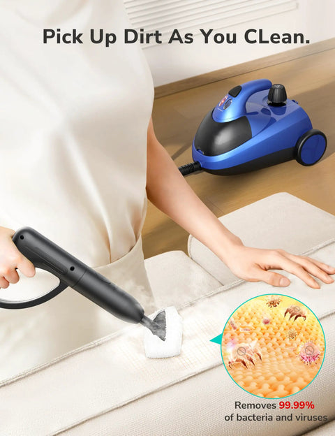 Heavy Duty Steam Cleaner With 21 Attachments, 293 Fahrenheit Steam Mop For Home And Car, 50 Oz Tank in use on upholstery.
