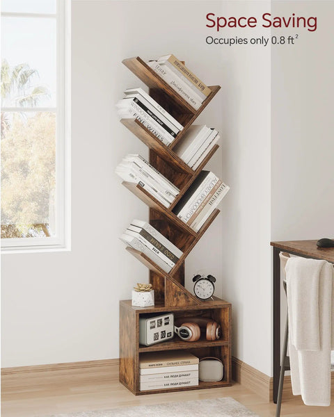 Six Tier Tree Bookshelf With Storage Cabinet For Small Spaces Narrow Floor Standing Book Rack in rustic brown with books displayed