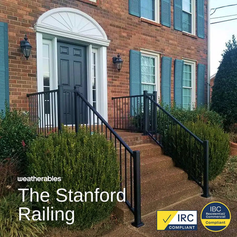 Heavy Duty Aluminum Deck Railing Kit 36 Inch Height By 8 Feet Width With Solid Breadloaf Grip on brick stairs.