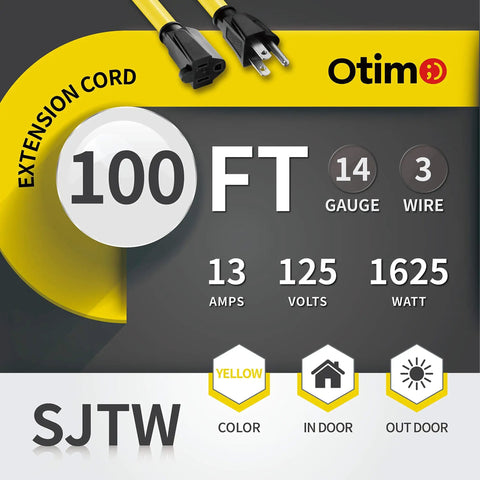 Heavy Duty 100 Foot 14 3 SJTW Yellow Outdoor Extension Cord With 3 Prong Ground Plug 13A 1625W Water And Weather Resistant