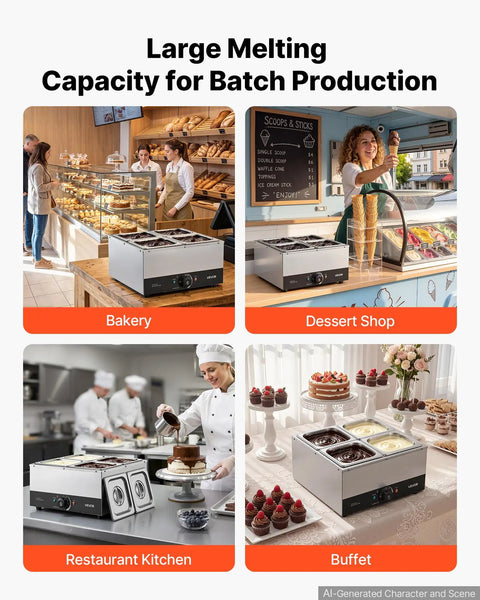 Heavy Duty Commercial Chocolate Melting Machine, Four Tank Water Bath Heater, Smooth Operator Build With Precision Temp Control Keeps Your Batch Clean And Legit For Bakeries showcased in bakery and dessert shop settings.