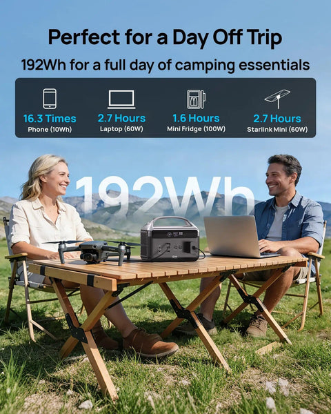 Beefed Up 192Wh Portable Power Station on camping table with laptop and drone, outdoor setting