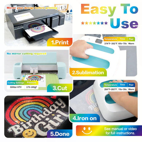 All In One Glitter Sublimation Vinyl And Printable Paper Pack with Easy Use Steps for Iron On Projects on Fabrics