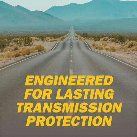 Open road with text 'Engineered for Lasting Transmission Protection' highlighting NS3 Synthetic CVT Transmission Fluid For Nissan And Mitsubishi Systems 4L Bottle Keeps Gear Shifts Smooth No Shudder Reduces Wear And Tear Provides Cold Weather Protection And Prolongs Transmission Health qualities.