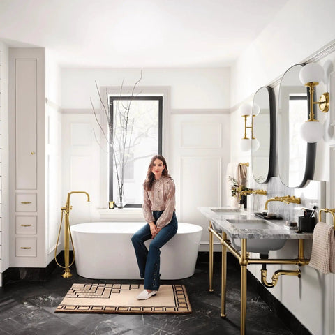 Modern bath featuring Colinet Brushed Gold Hand Towel Ring For Your Bath Easy Mount No Fuss Install Durable Satin Finish Coordinates With Colinet Faucets Adds Subtle Luxury And Flexible Placement In Any Space