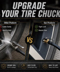 Comparative image showing leaking tire chuck vs Locking Air Chucks For Tires With Quick Connect And 8mm Clip-On Adapter.