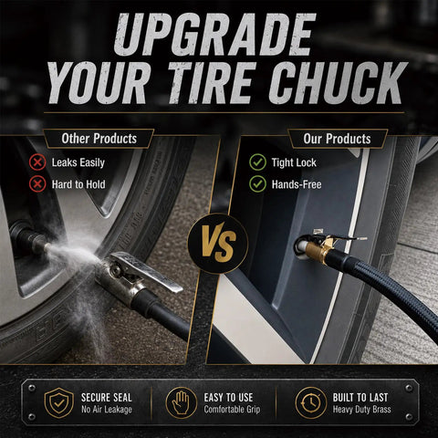 Comparative image showing leaking tire chuck vs Locking Air Chucks For Tires With Quick Connect And 8mm Clip-On Adapter.