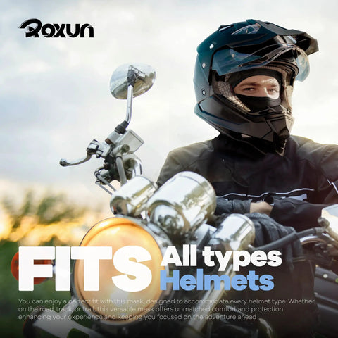 Motorcyclist wearing All Season Ski Mask Balaclava With Windproof Warmth And Cooling Breathable UV Protection For Outdoor Adventures.