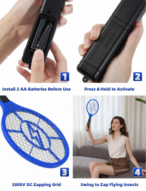 Two Pack Electric Fly Swatter Set Yellow And Blue High Voltage Bug Zapper showing battery installation, activation, zapping grid, and usage