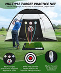 Golfer using Indoor and Outdoor Golf Hitting Practice Net 10x7ft with heavy duty base and dual turf mat for swing training