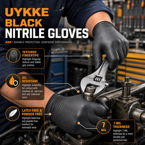 Heavy Duty 7 Mil Black Nitrile Disposable Gloves For Mechanics Built Different Rock Solid Puncture Resistance And Dang Good Grip Packaged In A Slick Dispenser Box worn while using a wrench in a mechanical workshop.