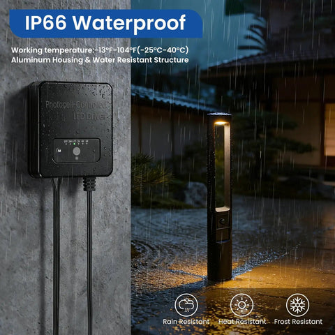 All In One Low Voltage Landscape Lighting Kit With Transformer And Dusk To Dawn Sensor, 12 Pack Aluminum Path Lights With 5CCT Options, IP66 waterproof connector and path light in rain.